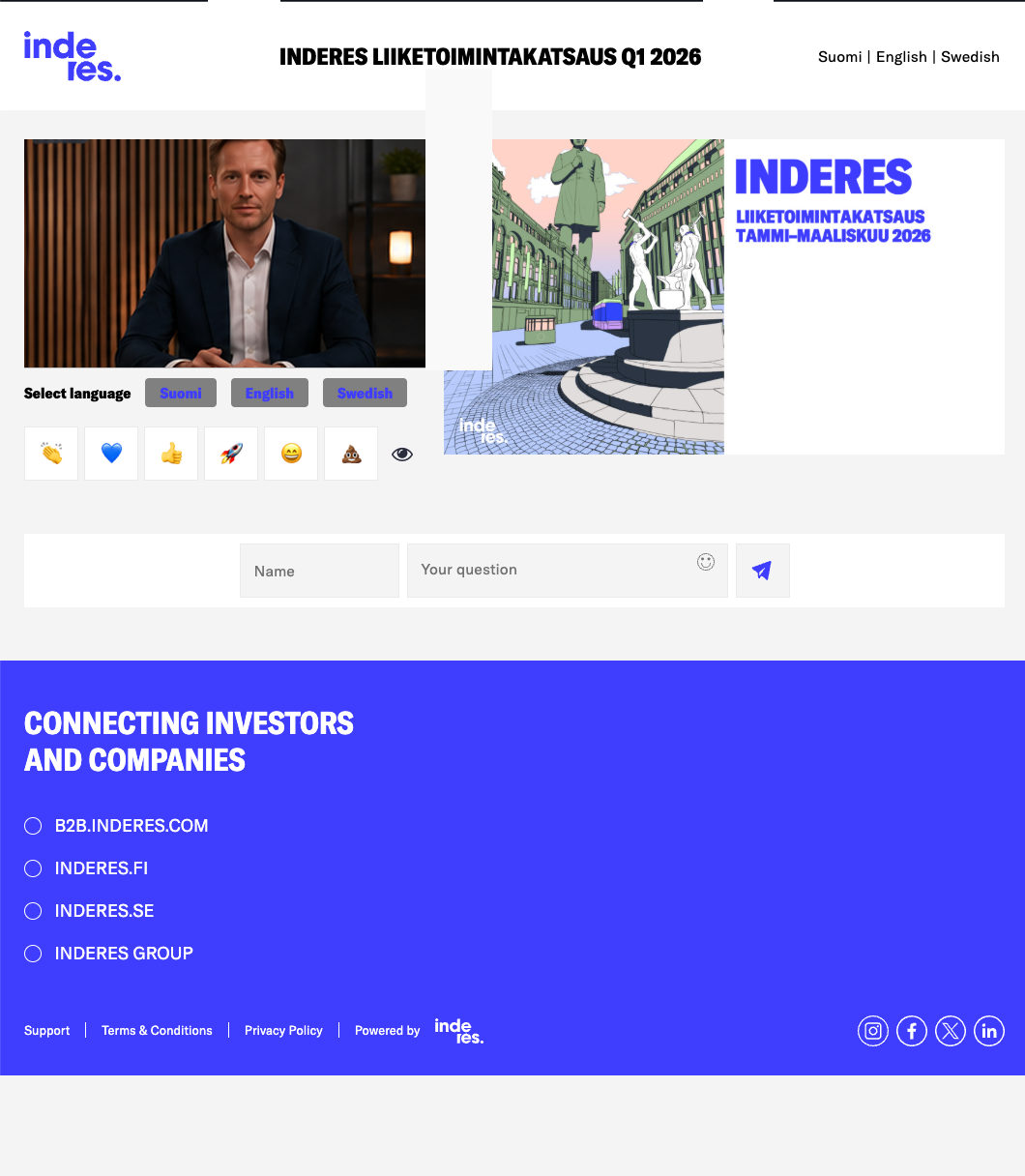An event page built entirely in the client's own brand: their logo, colors and footer, with language selection, reactions and a question field for the audience