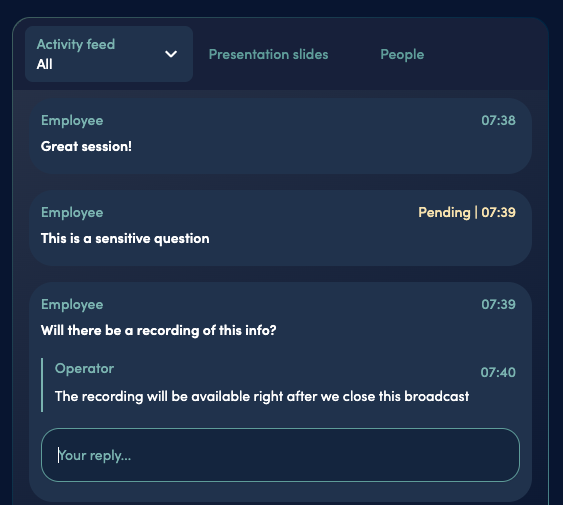 Moderating a public chat: a moderator replies to a published message while another waits for approval