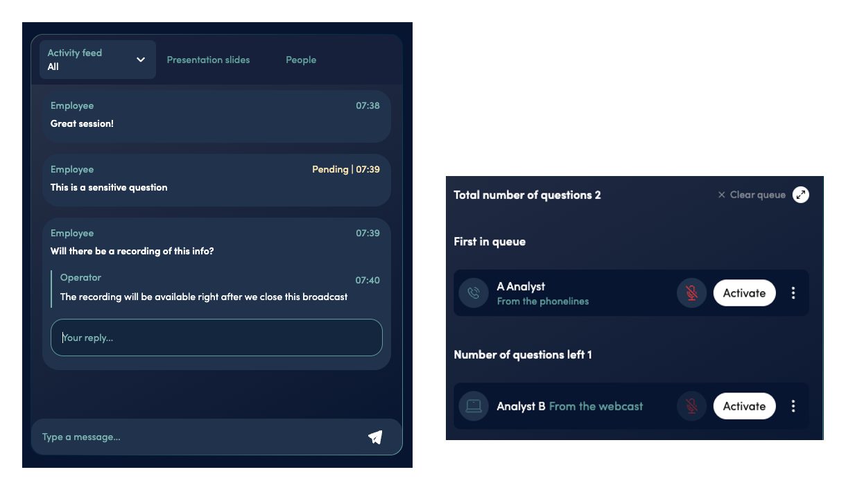 Written questions being moderated, one held as pending and one answered inline, alongside the speaking queue where the next questions are waiting: one from the phone lines and one from the webcast