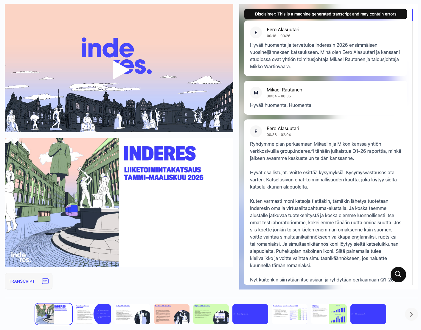 The same event page once the recording is published: the replay with its slides, the chapter row beneath it and the searchable transcript alongside